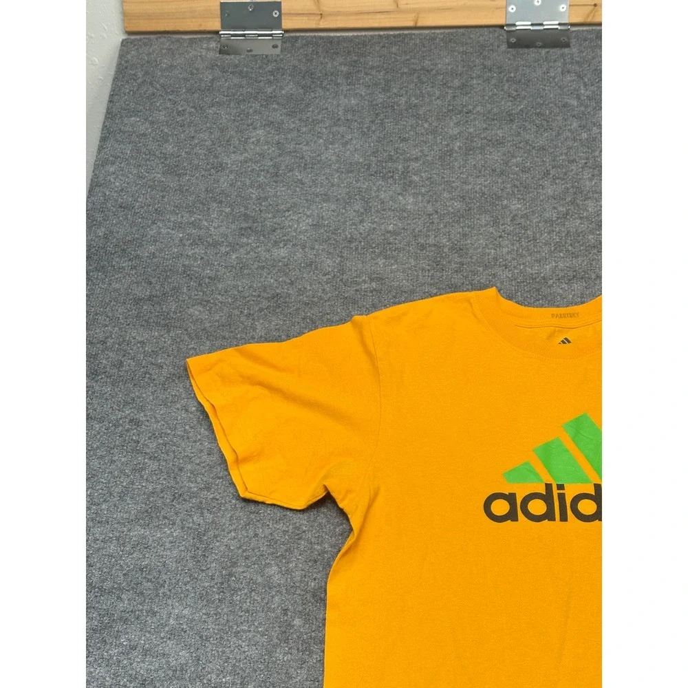 Adidas Mens Large Orange‎ Graphic T-Shirt Green Logo Short Sleeve Cotton Tee